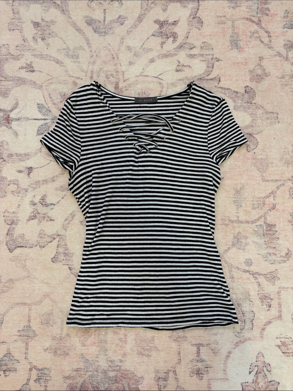 Suzy Shier Black & White Striped Lace-Up Short Sleeve Tee